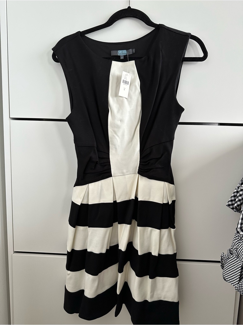 Eva Franco Black and White Sleeveless Striped Fit-and-Flare Dress
